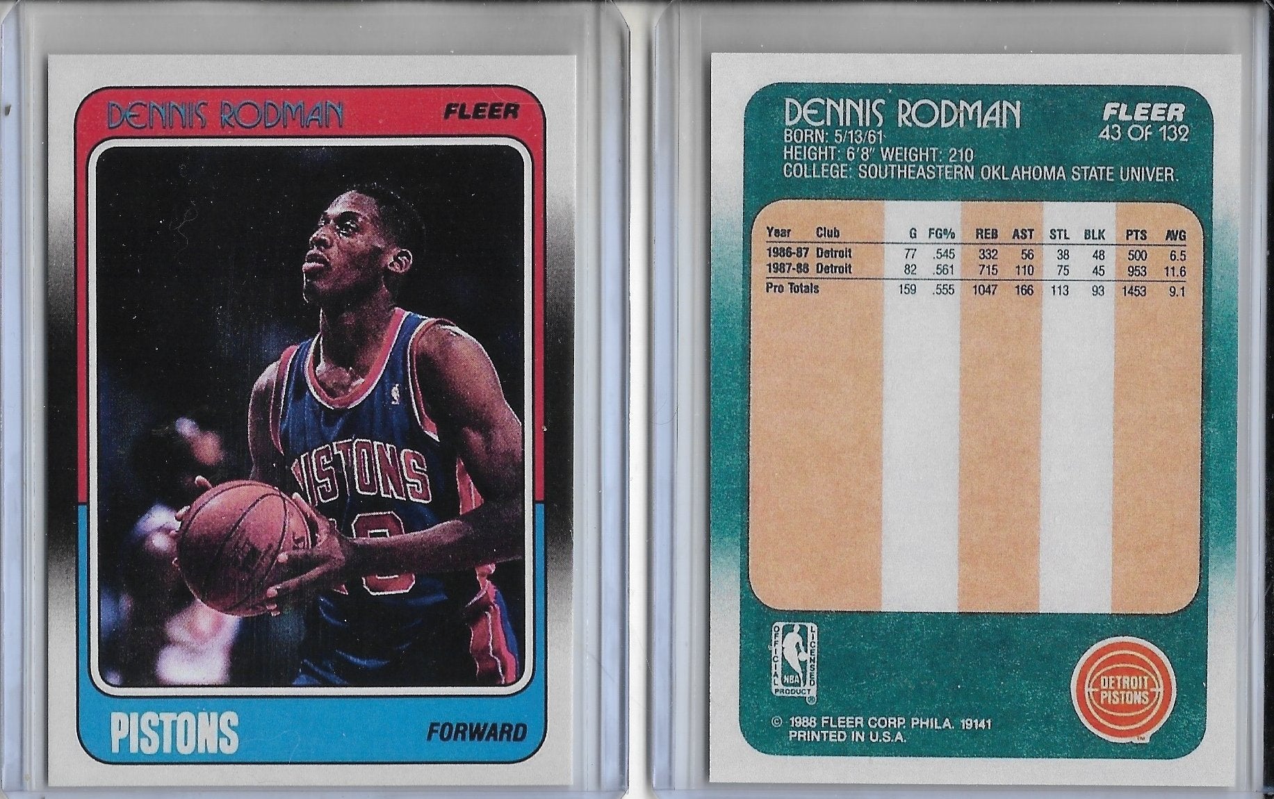 1988 Fleer #43 Dennis Rodman ROOKIE Reprint Card - Detroit Pistons