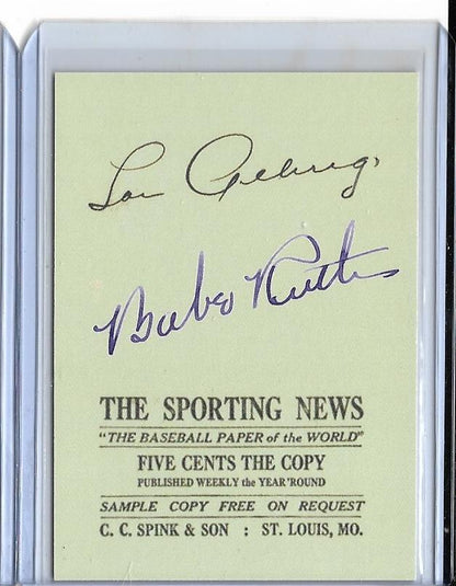 Babe Ruth Lou Gehrig The Sporting News Ad Promotional Reprint Card w/ Facs. autos