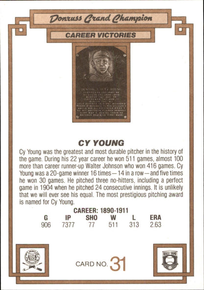 1984 Donruss Champions HALL OF FAME Card - #31 CY YOUNG - CLEVELAND ...