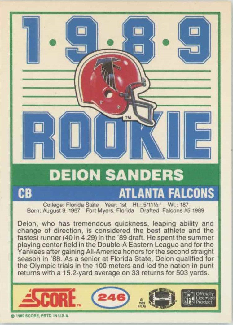 1989 SCORE #246 DEION SANDERS ATLANTA FALCONS ROOKIE RP CARD NFL FOOTBALL
