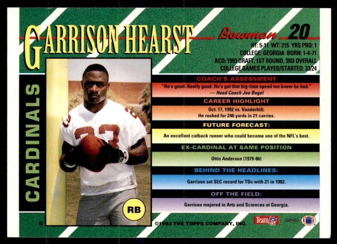 ROOKIE:   1993 Bowman #20  - GARRISON HEARST - ARIZONA CARDINALS - FOIL CARD