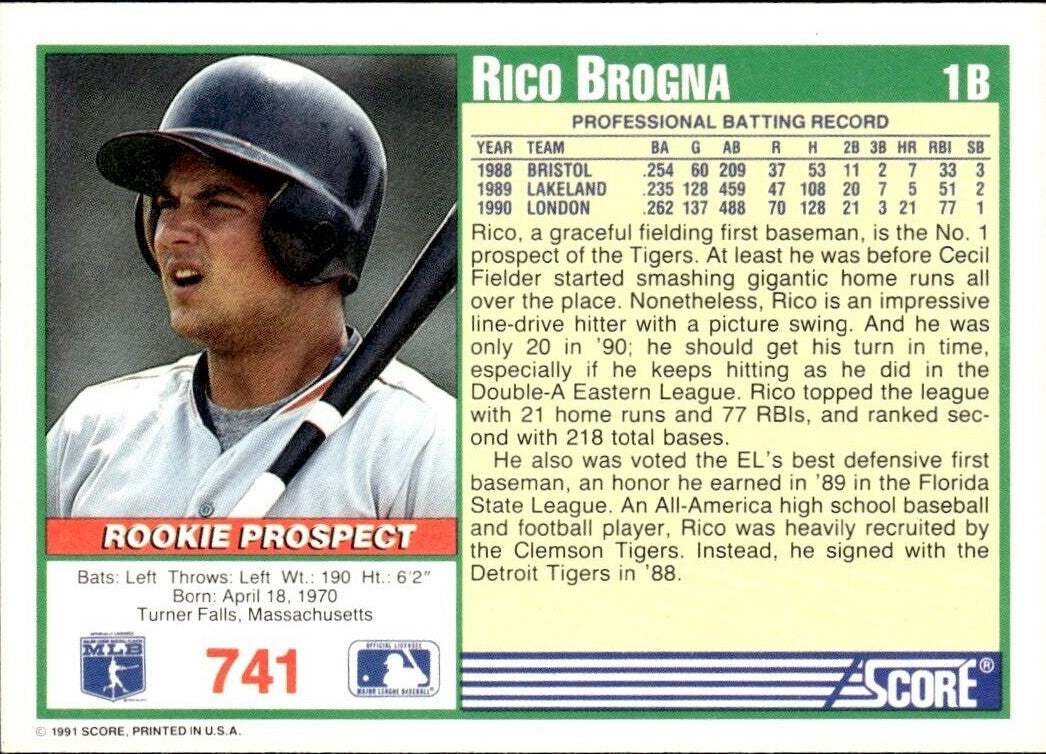 1991 SCORE #741 RICO BROGNA - DETROIT TIGERS  ROOKIE