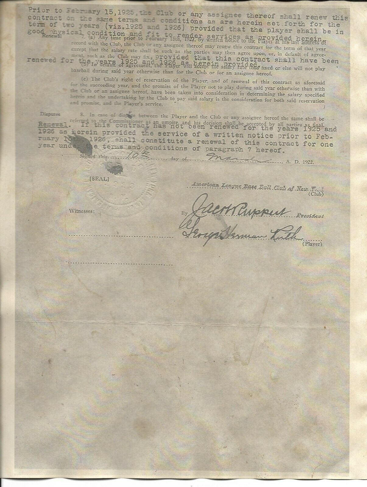 Vintage Style Hand Aged BABE RUTH New York YANKEES Contract