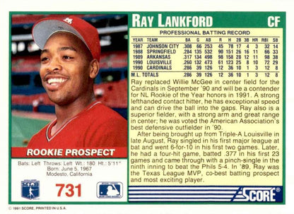 1991 SCORE #731 RAY LANKFORD - ST. LOUIS CARDINALS - ROOKIE CARD