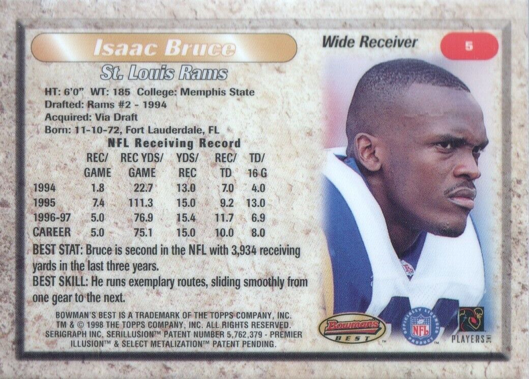 1998 BOWMANS BEST #5 ISAAC BRUCE ST.LOUIS RAMS  - NFL HALL OF FAMER