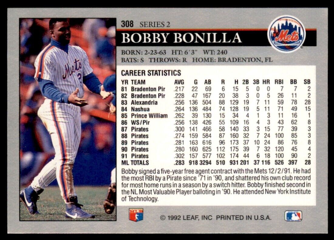 1992 LEAF #308 BOBBY BONILLA - NEW YORK METS MINT