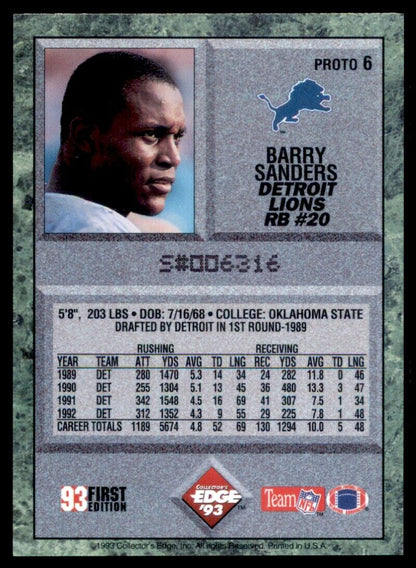1993 COLLECTORS EDGE "FIRST ADDITION"  BARRY SANDERS - DETROIT LIONS -  IND. NUMBERED CARD