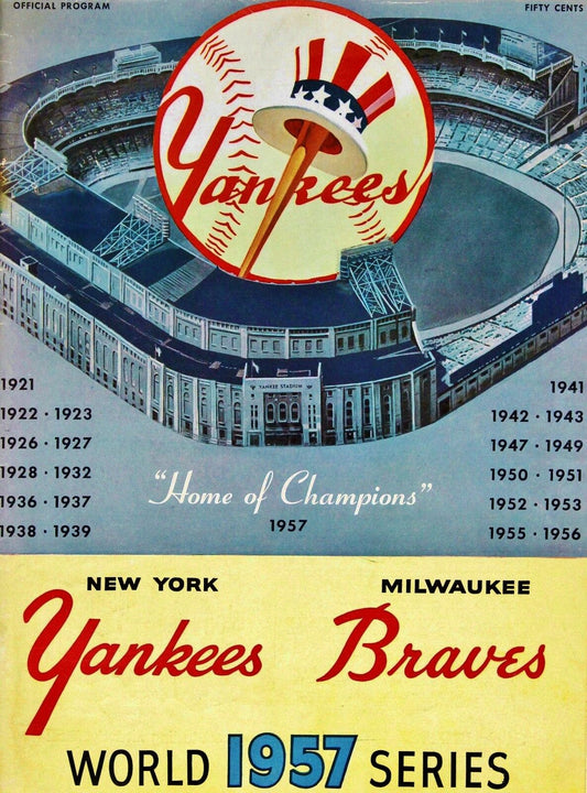 1957 BRAVES VS YANKEES WORLD SERIES PROGRAM COVER. GLOSSY PHOTO "THIN