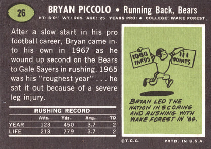 1969 Topps #26 Bryan Piccolo rookie Reprint card Chicago Bears  **