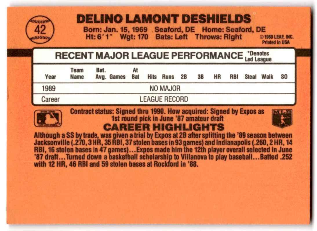 Delino Deshields autographed baseball card (Montreal Expos) 1990
