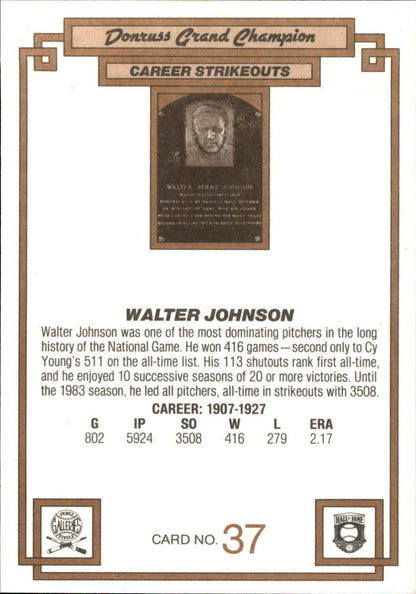 1984 DONRUSS CHAMPIONS "OVERSIZED CARD #37 WALTER JOHNSON - WASHINGTON SENATORS