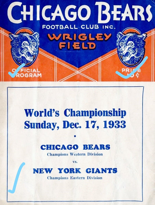 1933 CHICAGO BEARS VS NY GIANTS WORLD CHAMPIONSHIP PROGRAM PHOTO 8 x10