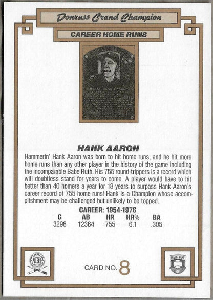 1984 DONRUSS CHAMPIONS "OVERSIZED CARD #8 HANK AARON - ATLANTA BRAVES