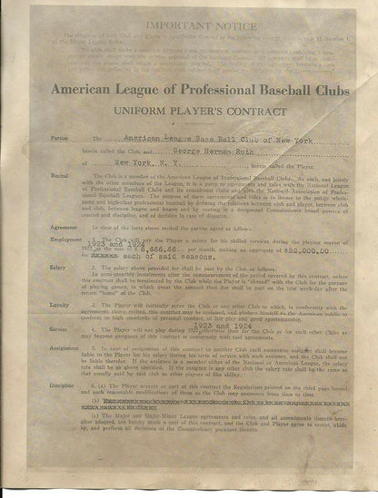 Vintage Style Hand Aged BABE RUTH New York YANKEES Contract