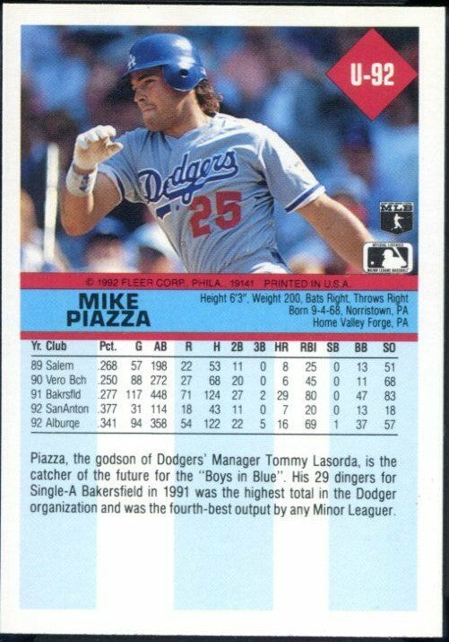 1992 Fleer Update #U-92 MIKE PIAZZA Rookie Reprint card Los
