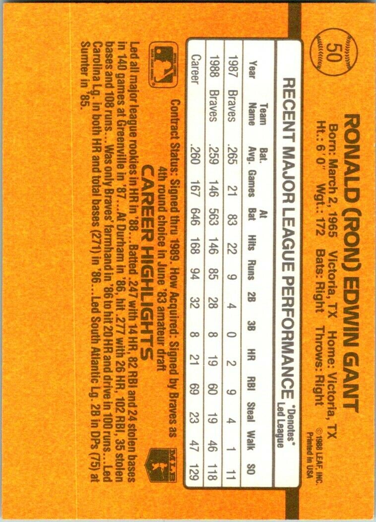 1989 DONRUSS #50 RON GANT - ATLANTA BRAVES - Early Year  card
