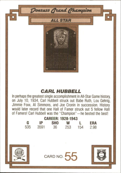 1984 Donruss Champions HALL OF FAME  Card #55- CARL HUBBELL - NEW YORK GIANTS