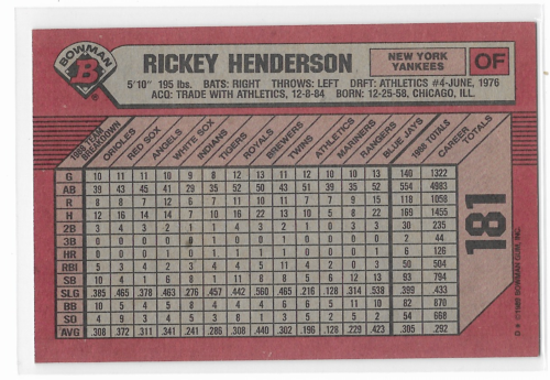 1989 BOWMAN #181 RICKEY HENDERSON NEW YORK YANKEES / OAKLAND ATHLETICS MLB HOF GREAT