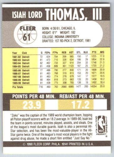 HOF:  1990 FLEER #61 ISIAH THOMAS  - DETROIT PISTONS -  NBA Hall of Famer