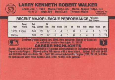 I990 Donruss Larry Walker baseball card error card #578