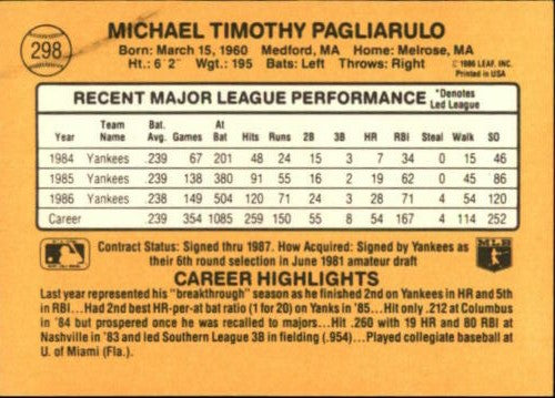 1987 DONRUSS #298 MIKE PAGLIARULO "PAGS" NEW YORK YANKEE CARD