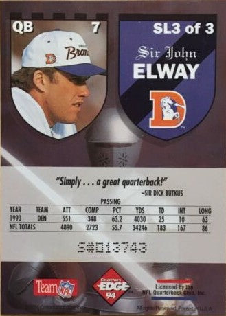 1994 COLLECTORS EDGE EXCALIBURINSERT CARD JOHN ELWAY - DENVER BRONCOS –
