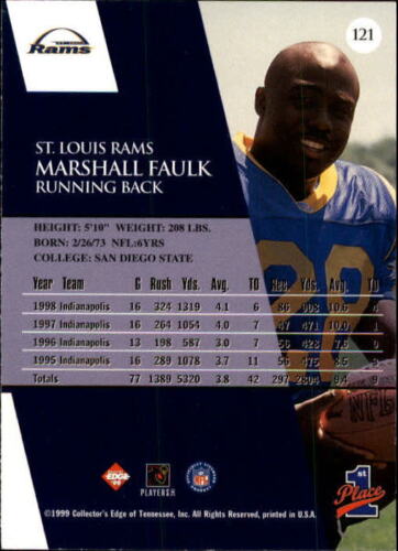 1999 COLLECTORS EDGE "FIRST PLACE"  #121 MARSHALL FAULK ST.LOUS RAMS HOF