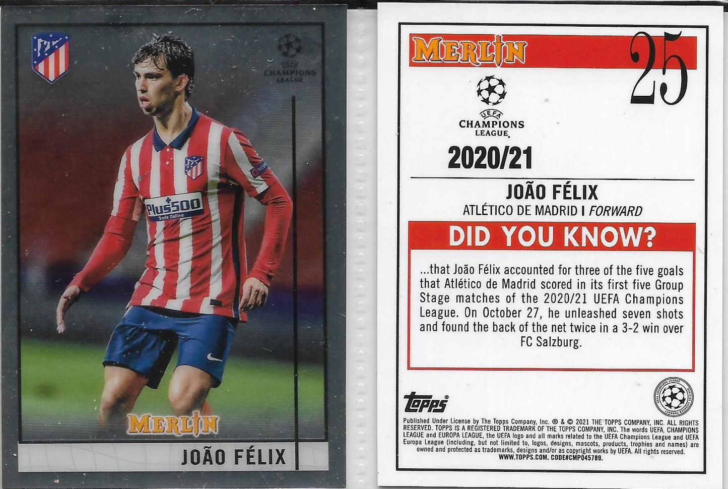 2020-21 Topps Chrome Merlin #25 UEFA JOAO FELIX -  ATLETICO DE MADRID -  PORTUGAL ROOKIE CARD