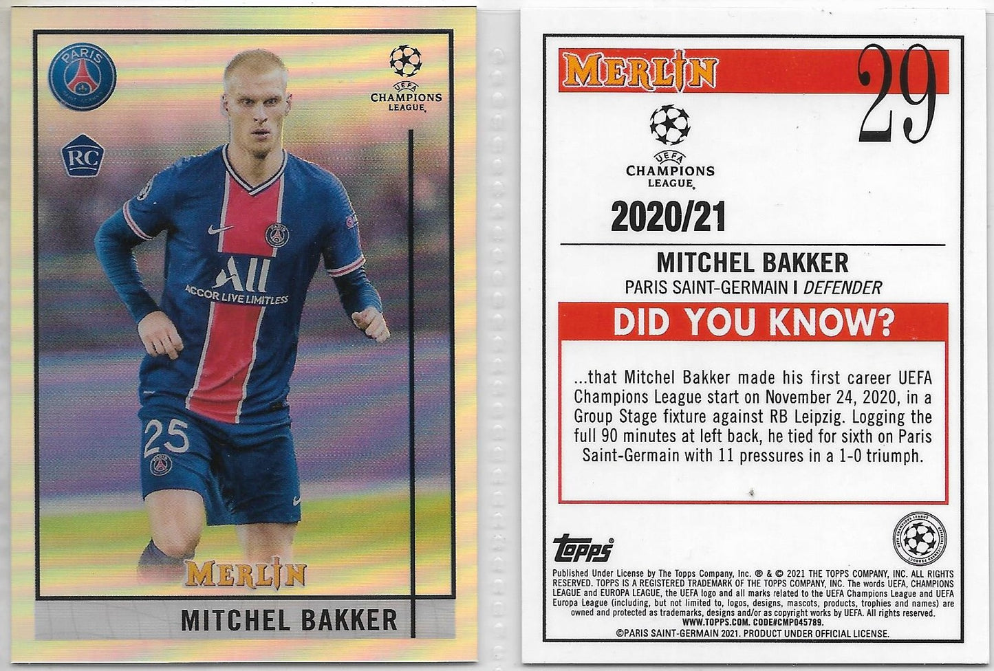 2020-21 Topps Chrome Merlin #29 UEFA  - MITCHELL BAKKER - Bayer Leverkusen - DUTCH