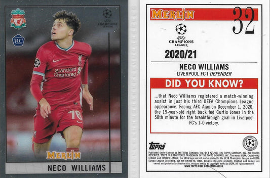 2020-21 Topps Chrome Merlin #32 UEFA NECCO WILLIAMS - LIVERPOOL FC - WELCH - ROOKIE CARD
