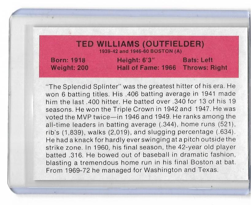 1987 Baseball All Time Greats Baseball Card - TED WILLIAMS