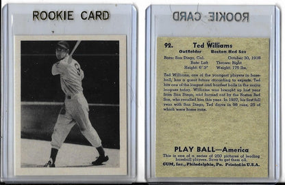 1939 PLAY BALL #92 TED WILLIAMS ROOKIE REPRINT CARD - BOSTON RED SOX