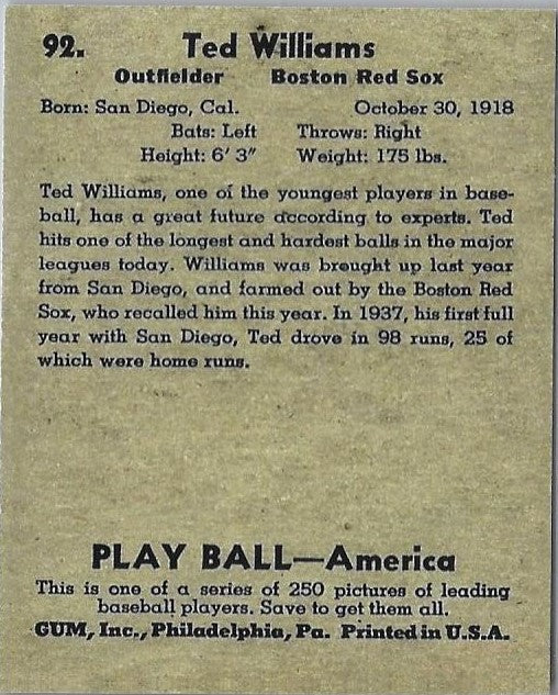 1939 PLAY BALL #92 TED WILLIAMS ROOKIE REPRINT CARD - BOSTON RED SOX
