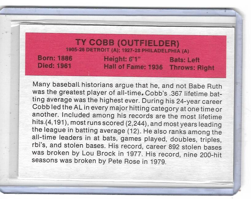 1987 Baseball All Time Greats Baseball Card - TY COBB