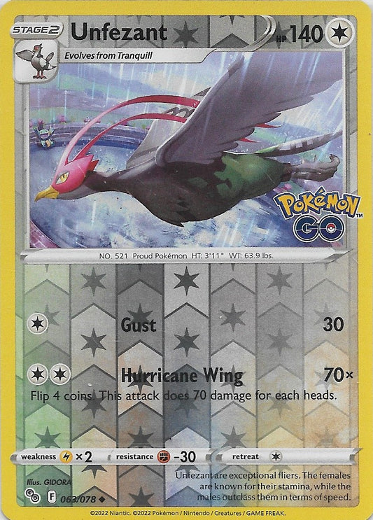 UNFEZANT - 063/078   Pokemon Go  Reverse Holo  Uncommon