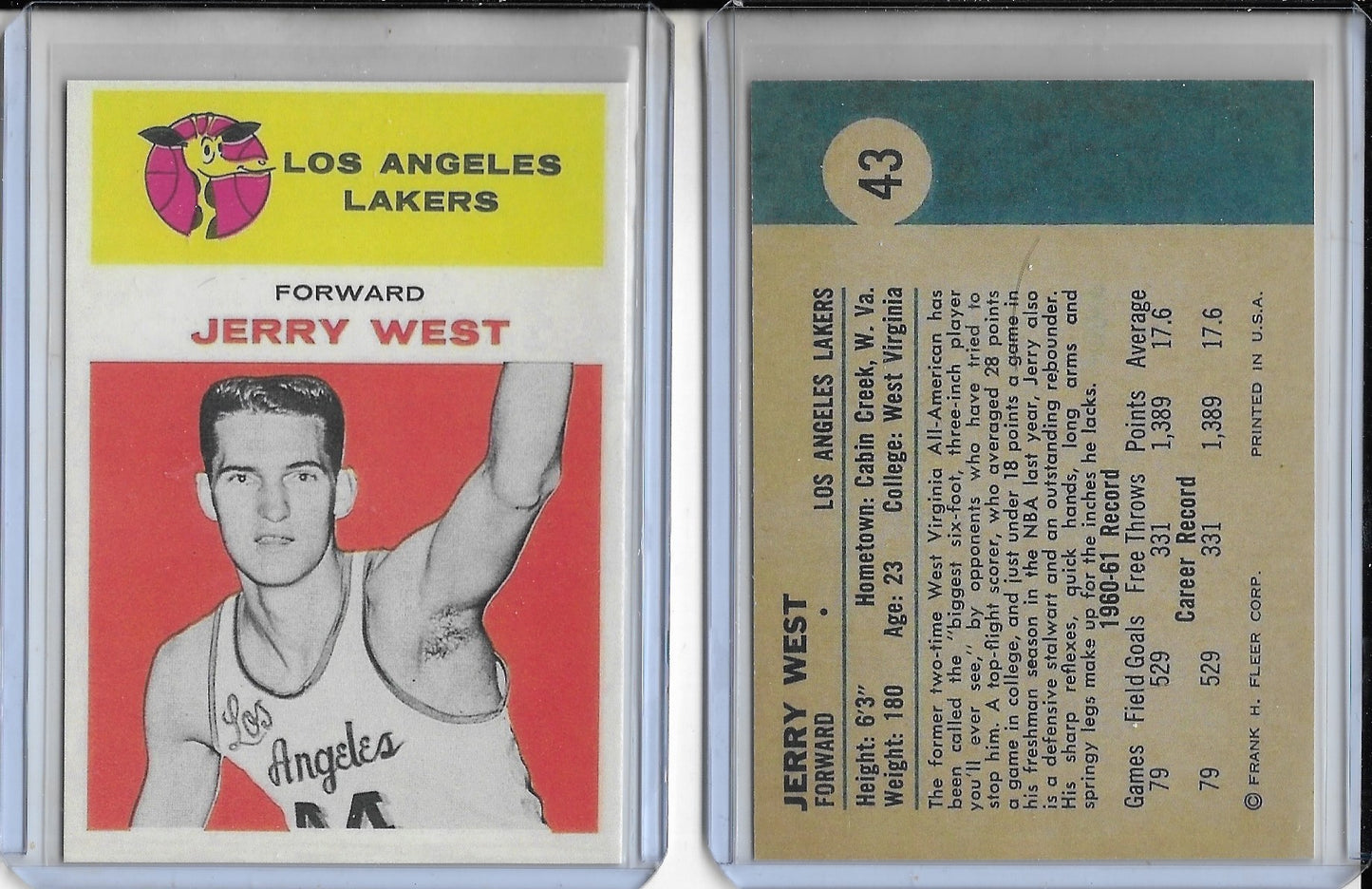 1961 Fleer Basketball #43 Jerry West RC Rookie Reprint Los Angeles Lakers