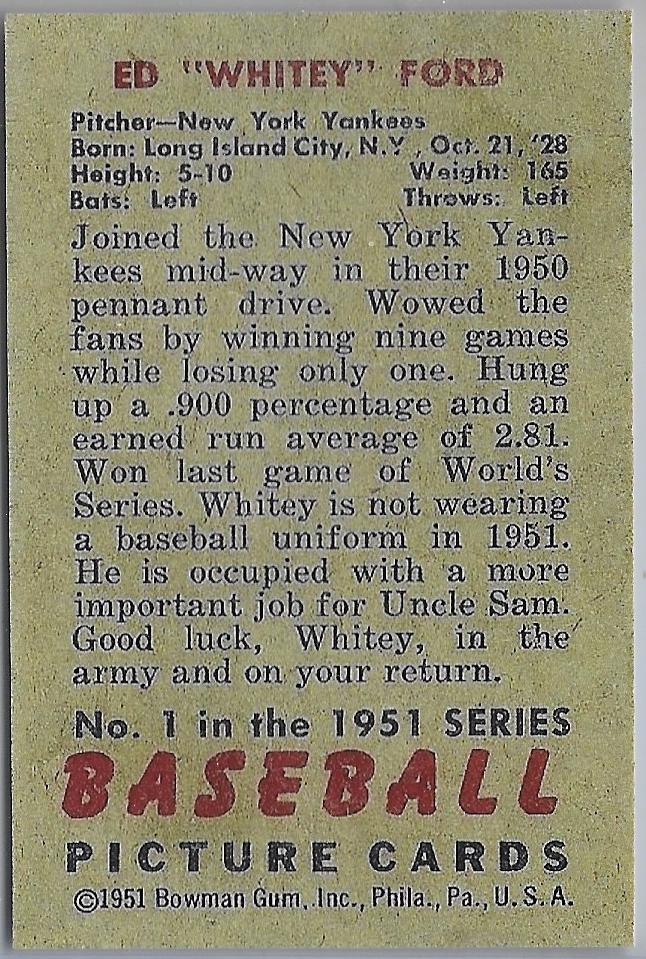 1951 Bowman #1  WHITEY FORD Rookie Reprint  - NEW YORK YANKEES